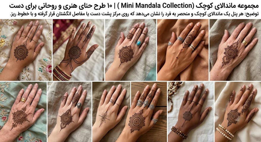 نقش حنا ظریف و جدید روی انگشتان دست و پا مدل عربی 13 یک ماندالای گرد و کوچک که در مرکز پشت دست با حنا