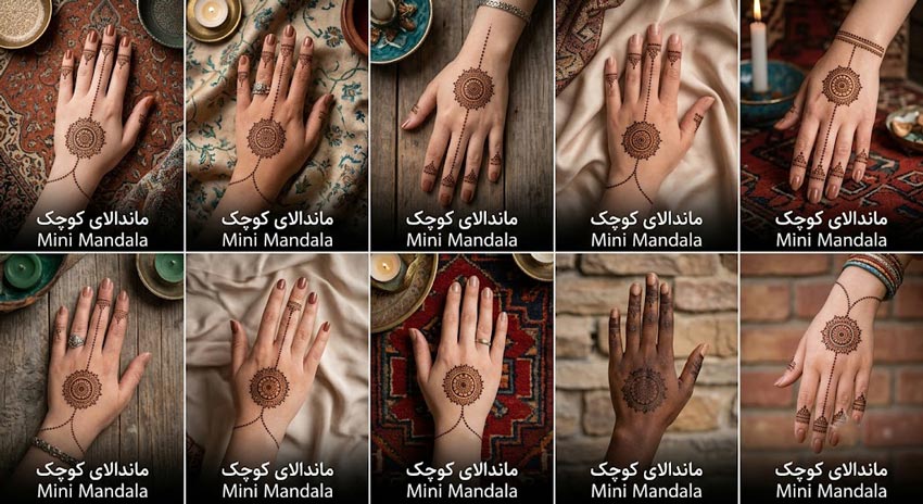 نقش حنا ظریف و جدید روی انگشتان دست و پا مدل عربی 14 نقش حنا یک ماندالای گرد و کوچک که در مرکز پشت دست