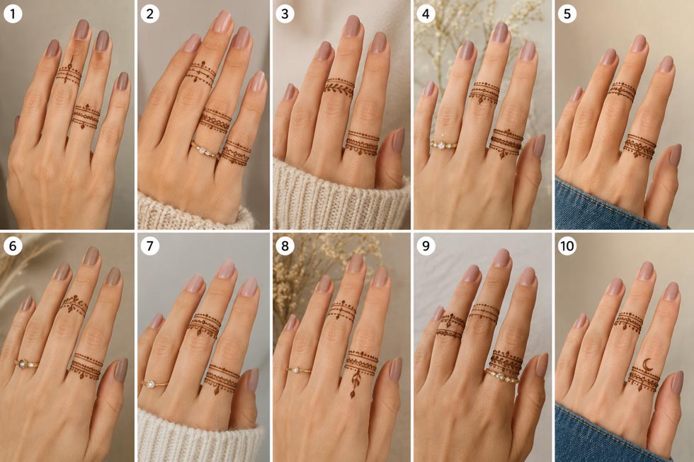 نقش حنا ظریف و جدید روی انگشتان دست و پا مدل عربی 3 حنای انگشتری (Henna Rings) – طرحهای مینیمال برای انگشتان
